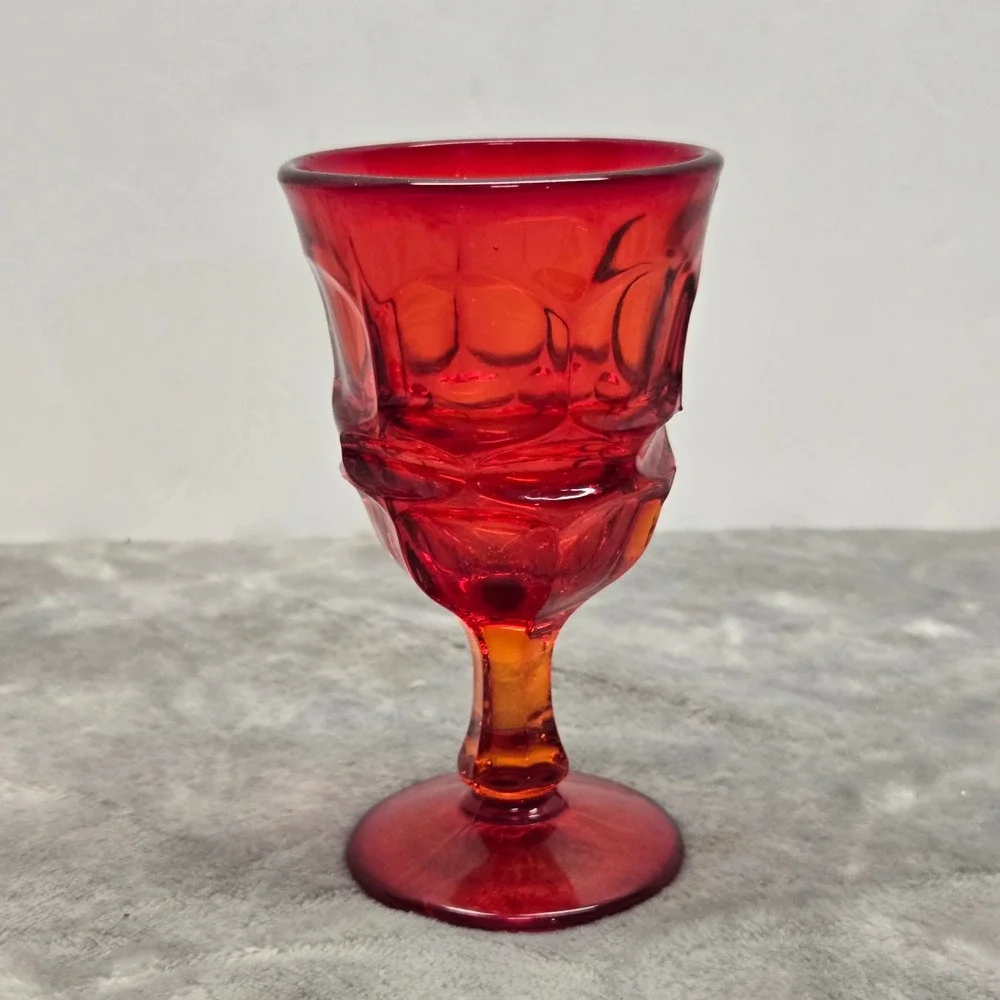 Vintage Ruby Red Thumbprint Glass Goblet Pedestal Wine Water Glass‎ 2.5